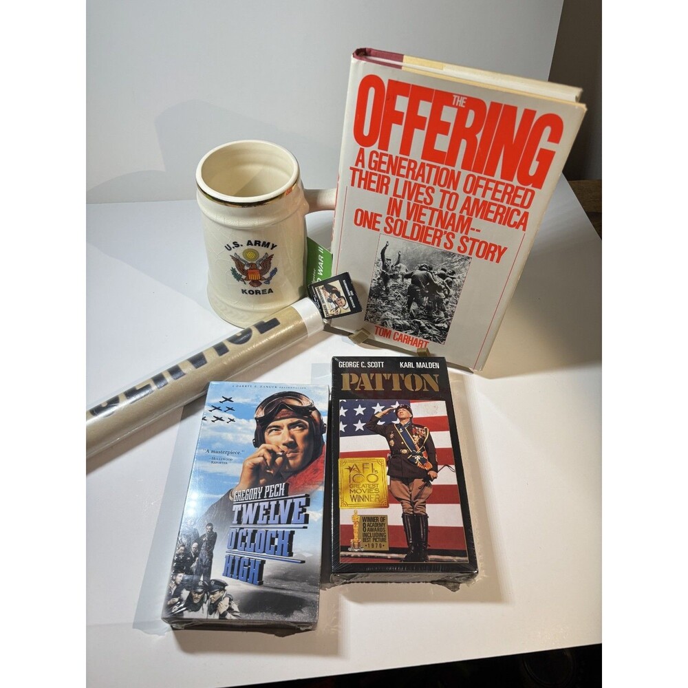 Lot of War Collectibles WW2 Poster & VHS Korea Stein Vietnam Book